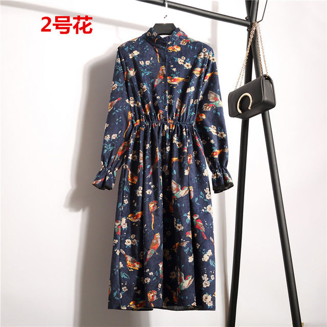 NIJIUDING New Spring Autumn Winter Women Casual Dress Elastic Waist Stand Neck Printed Corduroy Dress Long Sleeve Dropshipping