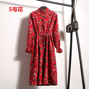 NIJIUDING New Spring Autumn Winter Women Casual Dress Elastic Waist Stand Neck Printed Corduroy Dress Long Sleeve Dropshipping