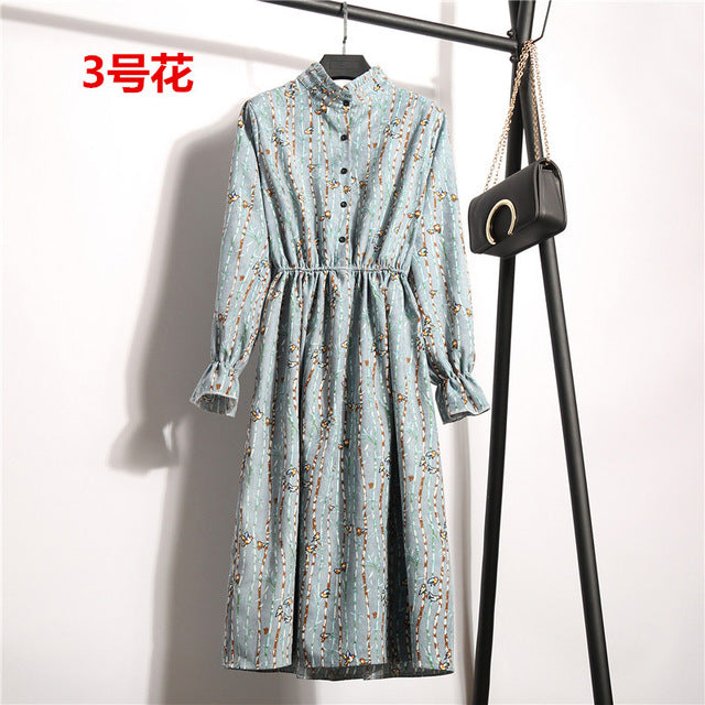 NIJIUDING New Spring Autumn Winter Women Casual Dress Elastic Waist Stand Neck Printed Corduroy Dress Long Sleeve Dropshipping