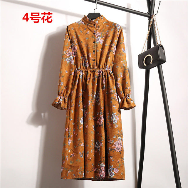 NIJIUDING New Spring Autumn Winter Women Casual Dress Elastic Waist Stand Neck Printed Corduroy Dress Long Sleeve Dropshipping