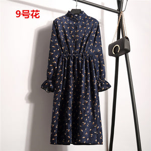 NIJIUDING New Spring Autumn Winter Women Casual Dress Elastic Waist Stand Neck Printed Corduroy Dress Long Sleeve Dropshipping