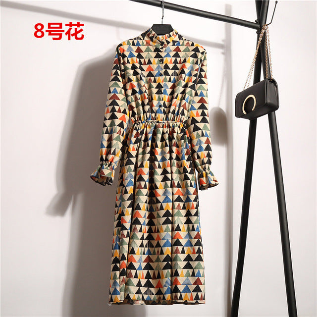 NIJIUDING New Spring Autumn Winter Women Casual Dress Elastic Waist Stand Neck Printed Corduroy Dress Long Sleeve Dropshipping