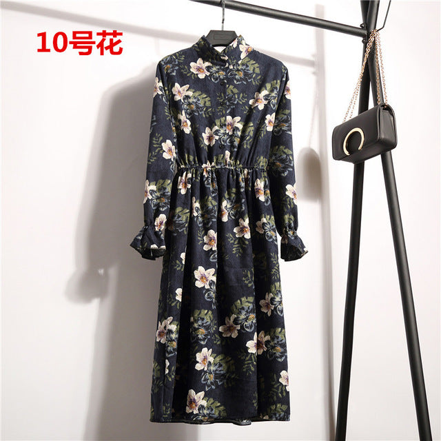 NIJIUDING New Spring Autumn Winter Women Casual Dress Elastic Waist Stand Neck Printed Corduroy Dress Long Sleeve Dropshipping