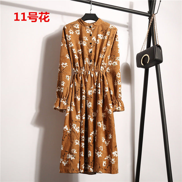 NIJIUDING New Spring Autumn Winter Women Casual Dress Elastic Waist Stand Neck Printed Corduroy Dress Long Sleeve Dropshipping