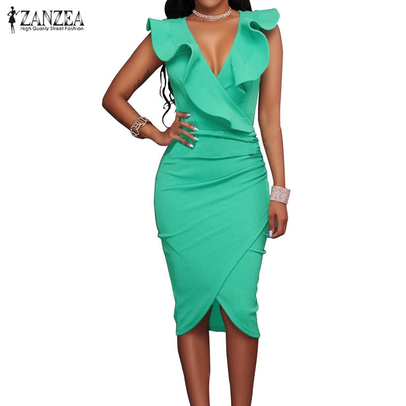 ZANZEA 2018 Women Summer Dress Sexy Sleeveless V Neck Pencil Party Dresses Ladies Ruffles Bodycon Slim Midi Club Vestidos