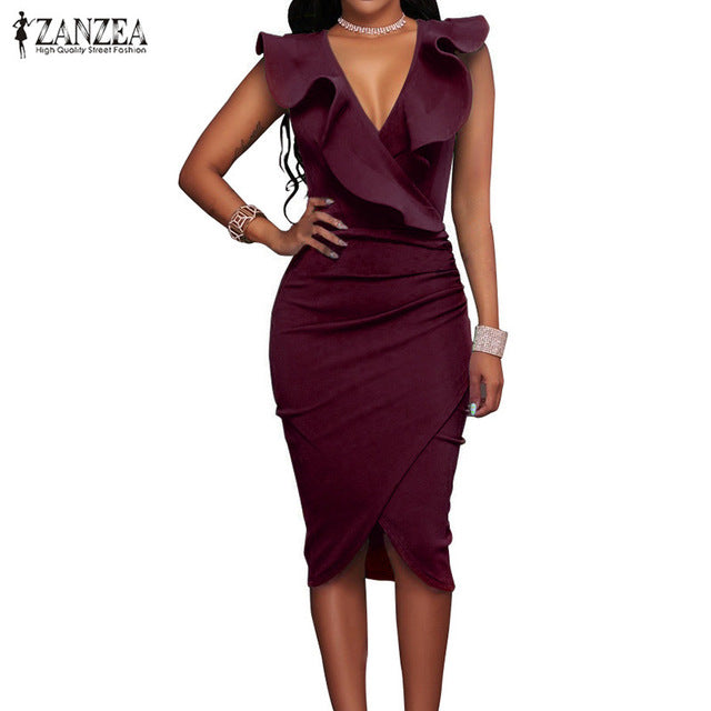 ZANZEA 2018 Women Summer Dress Sexy Sleeveless V Neck Pencil Party Dresses Ladies Ruffles Bodycon Slim Midi Club Vestidos