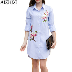 AIZHIXI New 2018 Summer Elegance Striped Embroidery Dress Women's Casual Turn-down Collar Long Sleeve Belt Dress