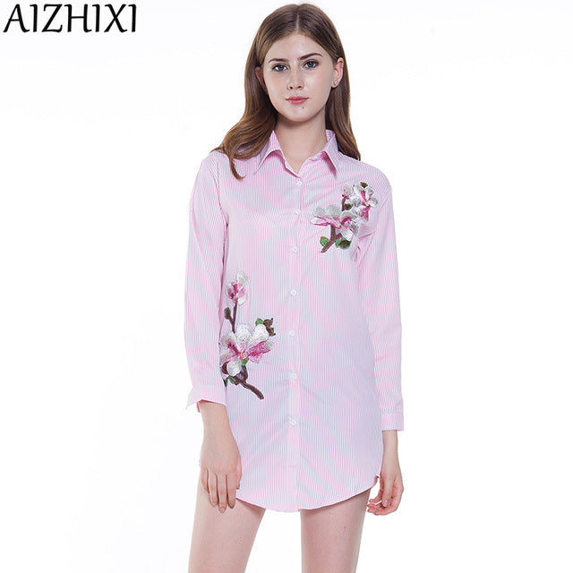 AIZHIXI New 2018 Summer Elegance Striped Embroidery Dress Women's Casual Turn-down Collar Long Sleeve Belt Dress