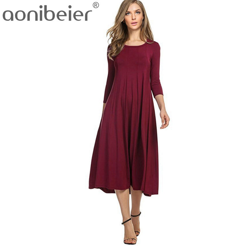 Aonibeier Plus Size S-3XL Women Casual Dress 2018 Spring Summer Fashion Three Quarter Sleeve Midi Dress O-Neck A-Line Dress