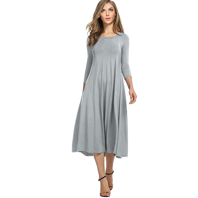 Aonibeier Plus Size S-3XL Women Casual Dress 2018 Spring Summer Fashion Three Quarter Sleeve Midi Dress O-Neck A-Line Dress