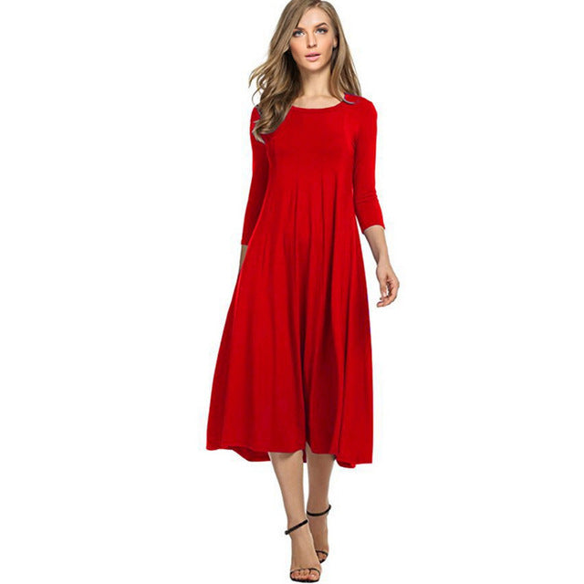 Aonibeier Plus Size S-3XL Women Casual Dress 2018 Spring Summer Fashion Three Quarter Sleeve Midi Dress O-Neck A-Line Dress