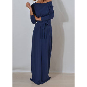 Autumn Women Long Maxi Dress Slash Neck Sashes Winter Dresses Casual Long Sleeve Solid Dress Casual Plus Size GV028