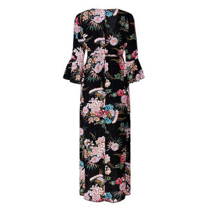 Women Fashion Deep V Neck Casual High Slit Floral Print Summer Maxi Dress