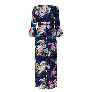 Women Fashion Deep V Neck Casual High Slit Floral Print Summer Maxi Dress