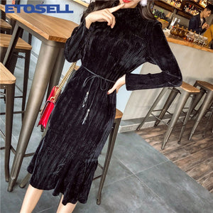 Women Velvet Dress O-Neck Long Sleeve Fish Tail Mermaid Velour Dress Solid Spring Autumn